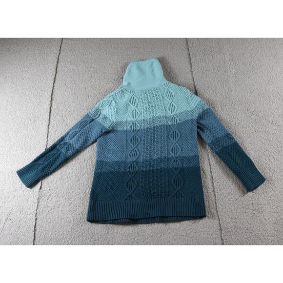 LL Bean Sweater Womens S Green Striped Double L Mixed Cable Knit Funnel Neck - Picture 1 of 5